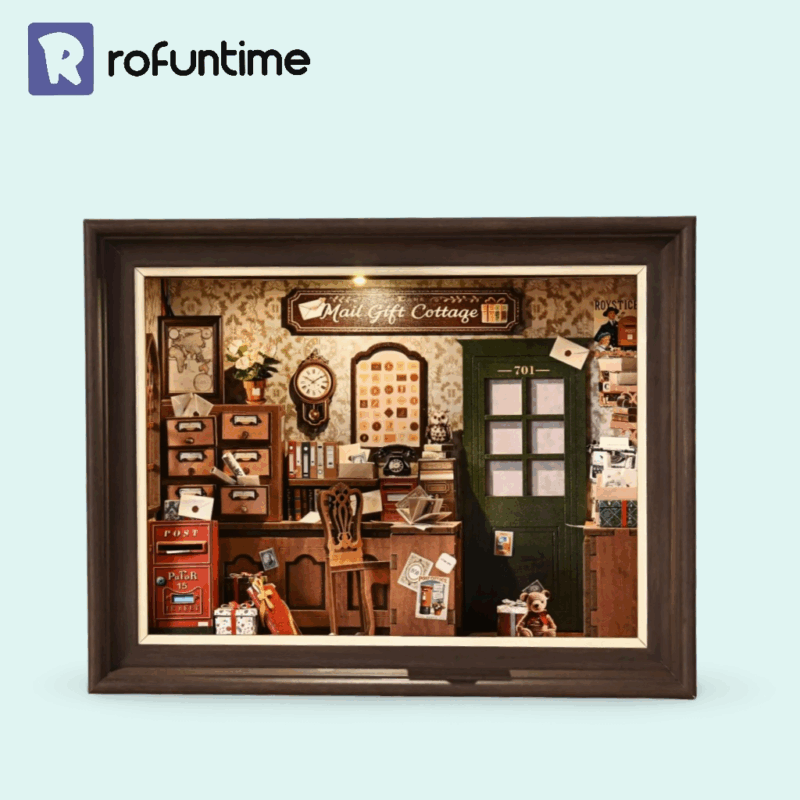 Mail Gift Cottage DIY Book Nook Kit, cozy miniature postal scene framed.