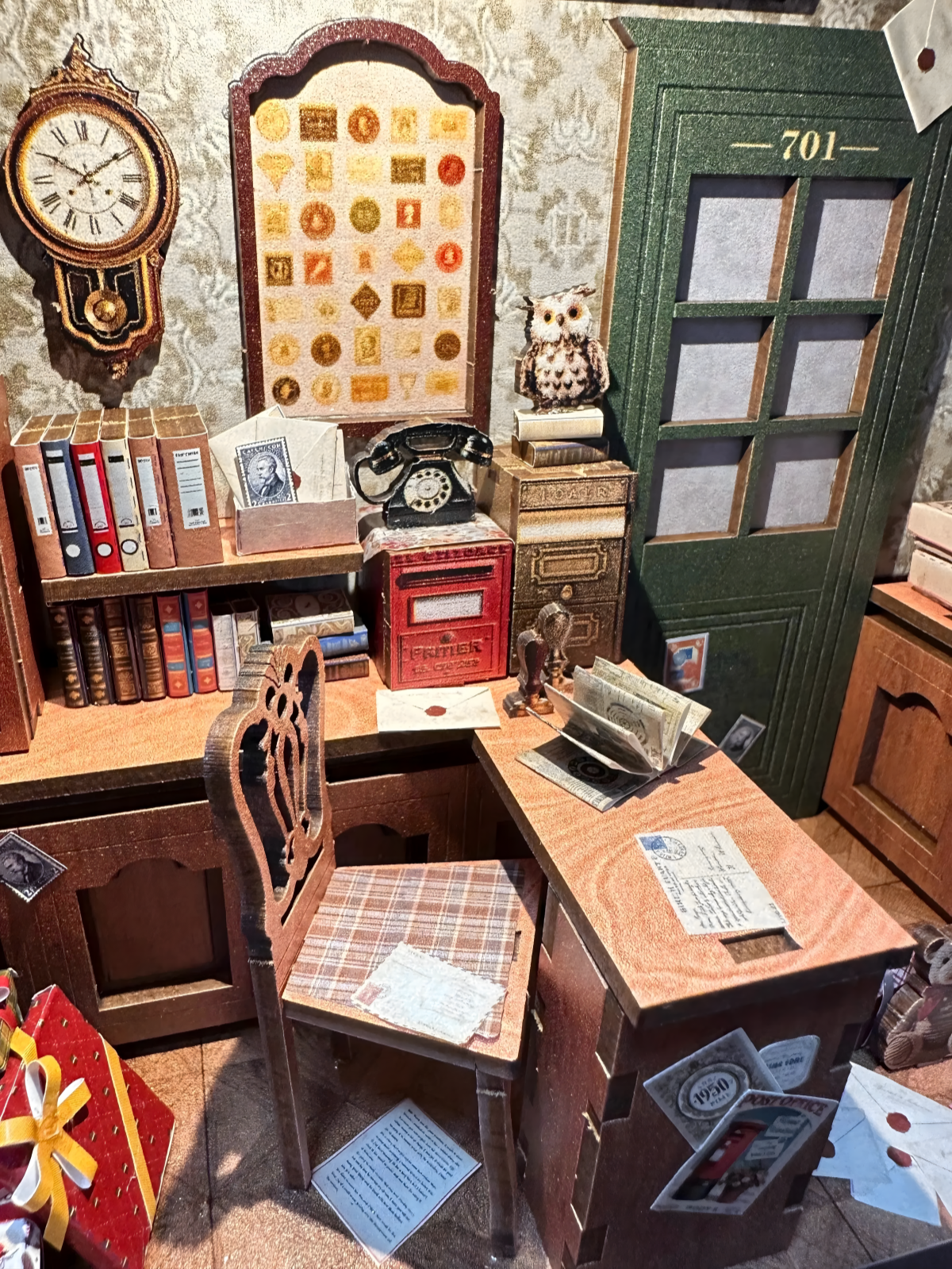 Old-style postal desk and chair from the Vintage Post Office Book Nook Kit.