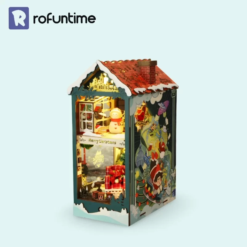 Two-story Merry Christmas DIY Book Nook Kit with illumination and festive side art.