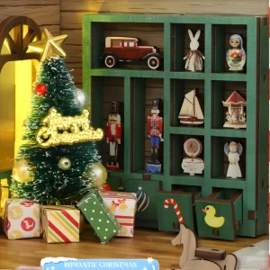Green toy display shelf with car, nutcrackers, and rocking horse in DIY Book Nook.