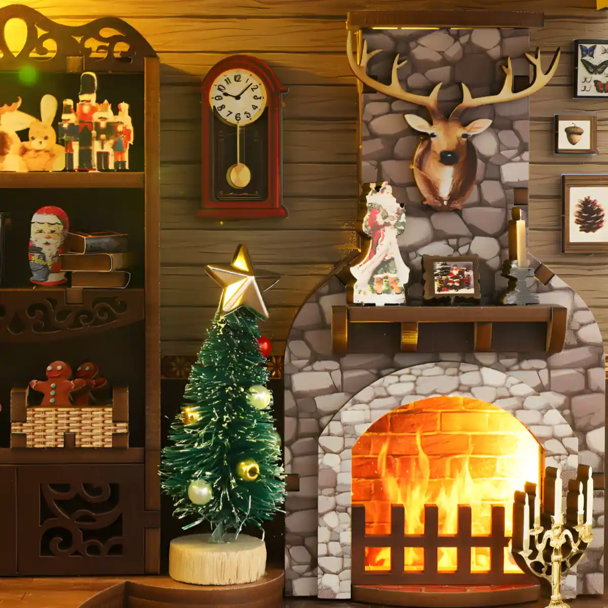 Cozy fireplace, deer head mount, clock, and tiny Christmas tree in DIY Book Nook.
