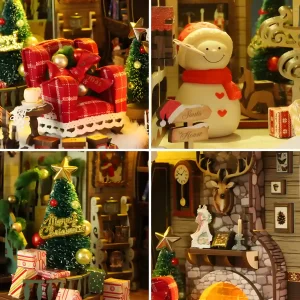 Four-part collage: red armchair, snowman, Christmas tree, and fireplace in Christmas miniature.