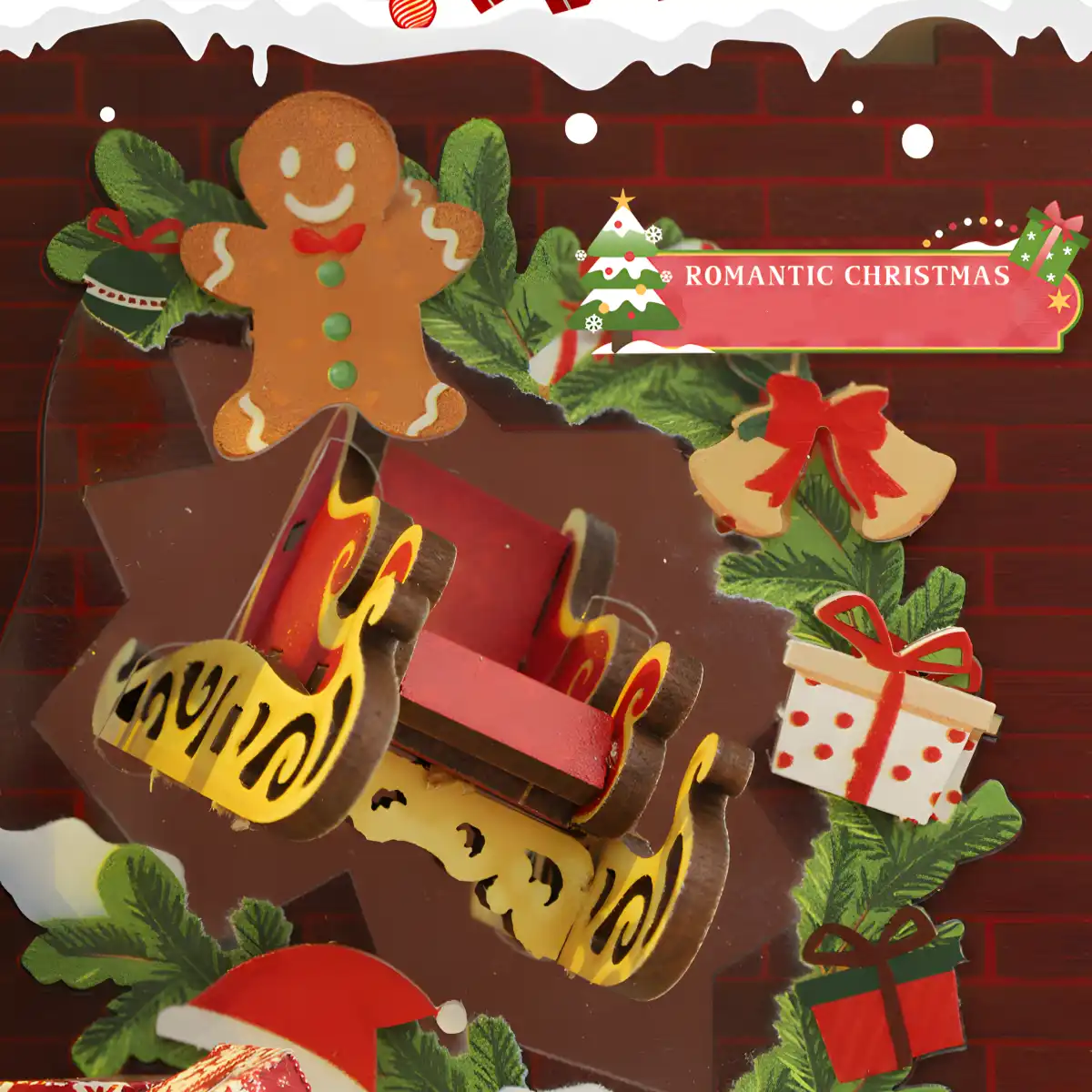 Gingerbread man, sleigh, and gifts on a festive background graphic, Winter Wonderland scene.