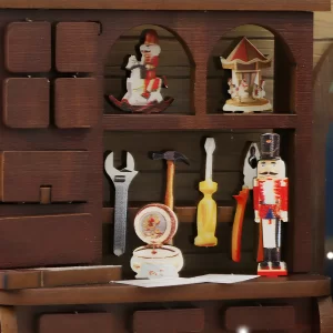 Miniature workshop with tools, rocking horse, and nutcracker soldier Christmas miniature.