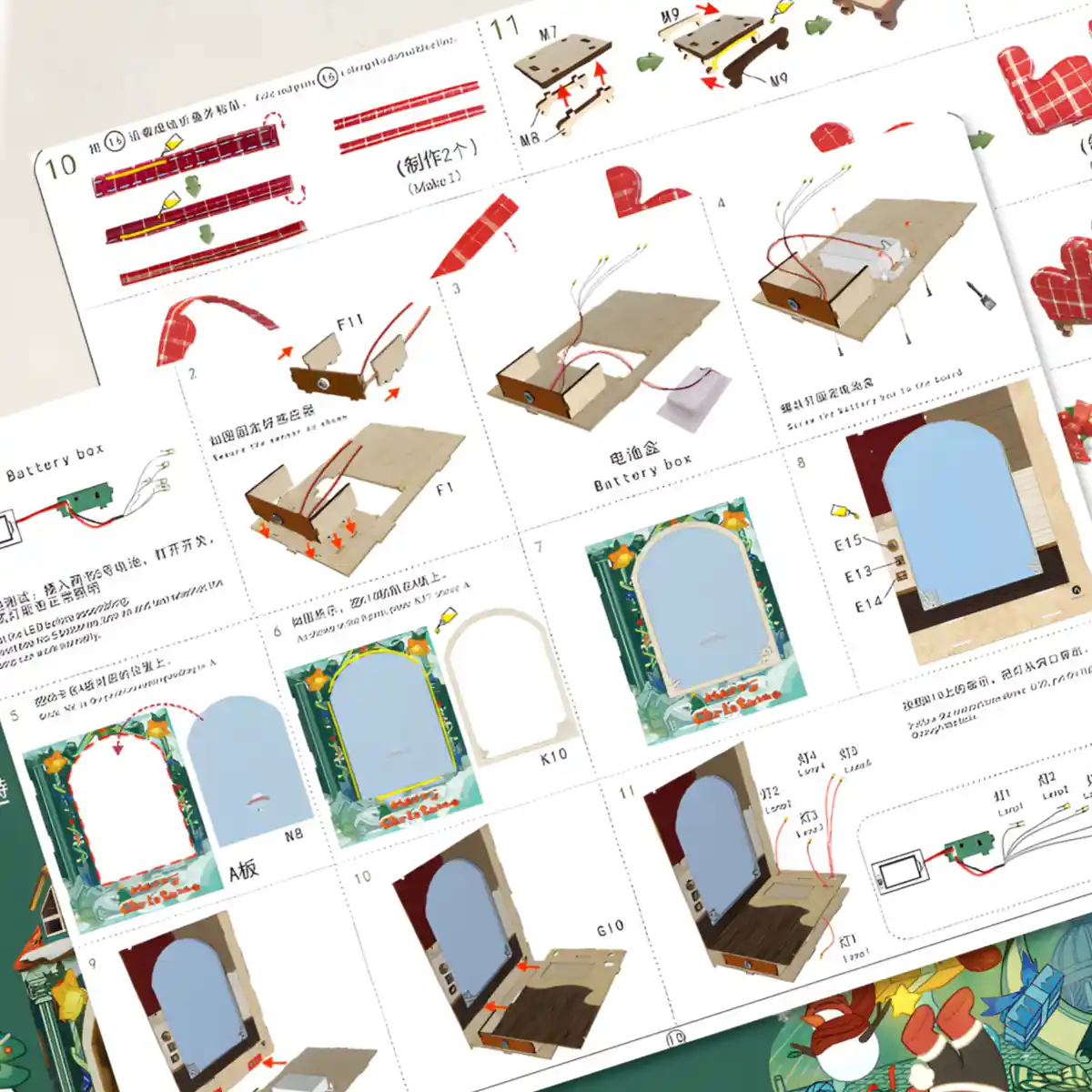 Color instructions guide for DIY Book Nook assembly and wiring the battery box.