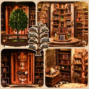 Four-panel detail collage: tree, shelves, display case, tree-shaped bookshelf for DIY Book Nook Kit.
