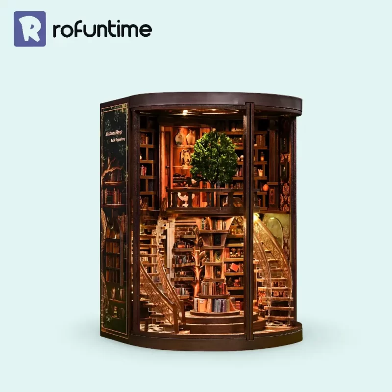 Full view of the Rofuntime Wisdom Rings Bookstore book nook, a stylish DIY Book Nook Kit for shelf display.