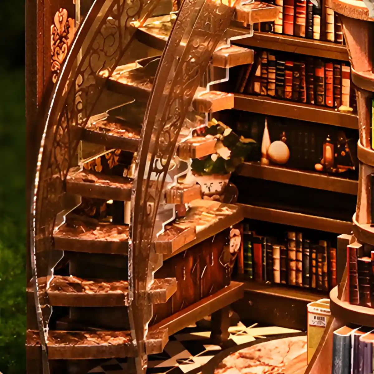 Intricate acrylic spiral staircase and detailed surrounding bookshelves in the Library Book Nook Kit.