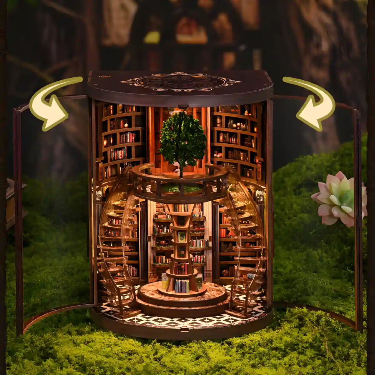 Retractable dust cover open on Wisdom Rings Bookstore DIY Book Nook Kit, showing circular fantasy book nook structure.