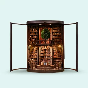 Wisdom Rings Bookstore DIY Book Nook Kit with curved front doors opened, showing the two-level fantasy book nook.