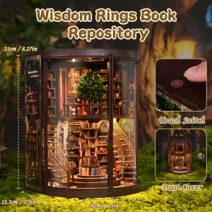 Wisdom Rings Bookstore DIY Book Nook Kit dimensions, touch light switch, miniature library, and dust cover features.