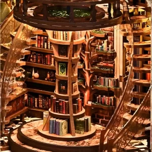 Detailed view of the central hourglass tree-shaped bookshelf and curved staircases in the Wisdom Rings Bookstore book nook.