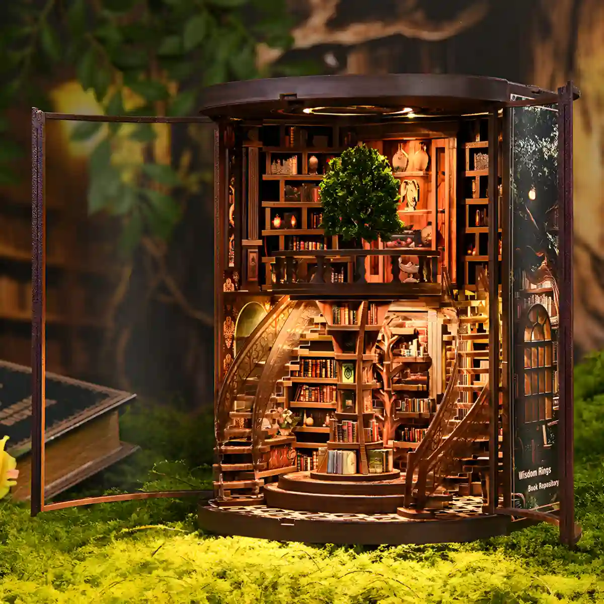 Open side door view of the illuminated Wisdom Rings Bookstore DIY Book Nook Kit in a natural setting.