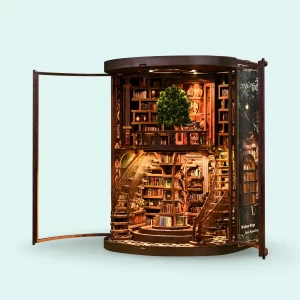 Open side door view of the fully assembled Wisdom Rings Bookstore DIY Book Nook Kit and interior light.