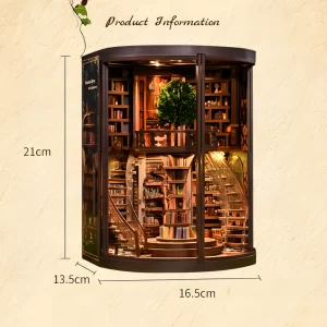 Dimensions of the Wisdom Rings Bookstore DIY Book Nook Kit: 21cm H, 16.5cm W, a perfect miniature library.