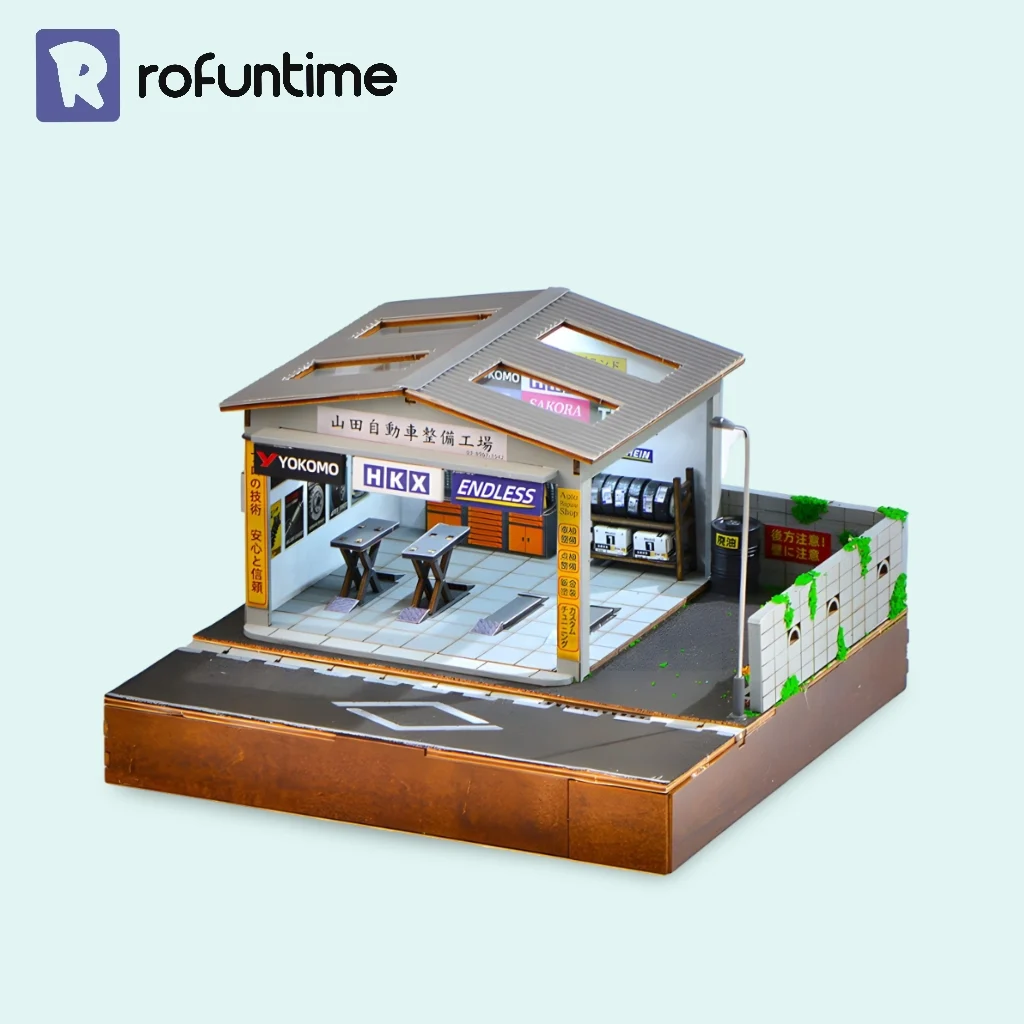 Full exterior view of the finished Yamada Auto Repair Garage DIY Miniature House Kit.