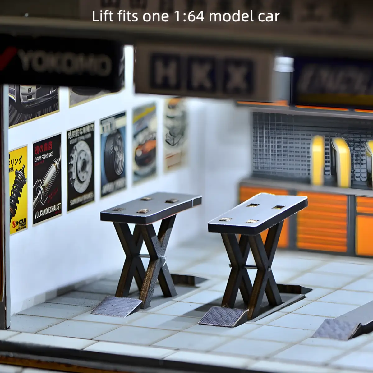 Interior view of Miniature Garage with scissor car lifts for 1:64 Scale Model vehicles.