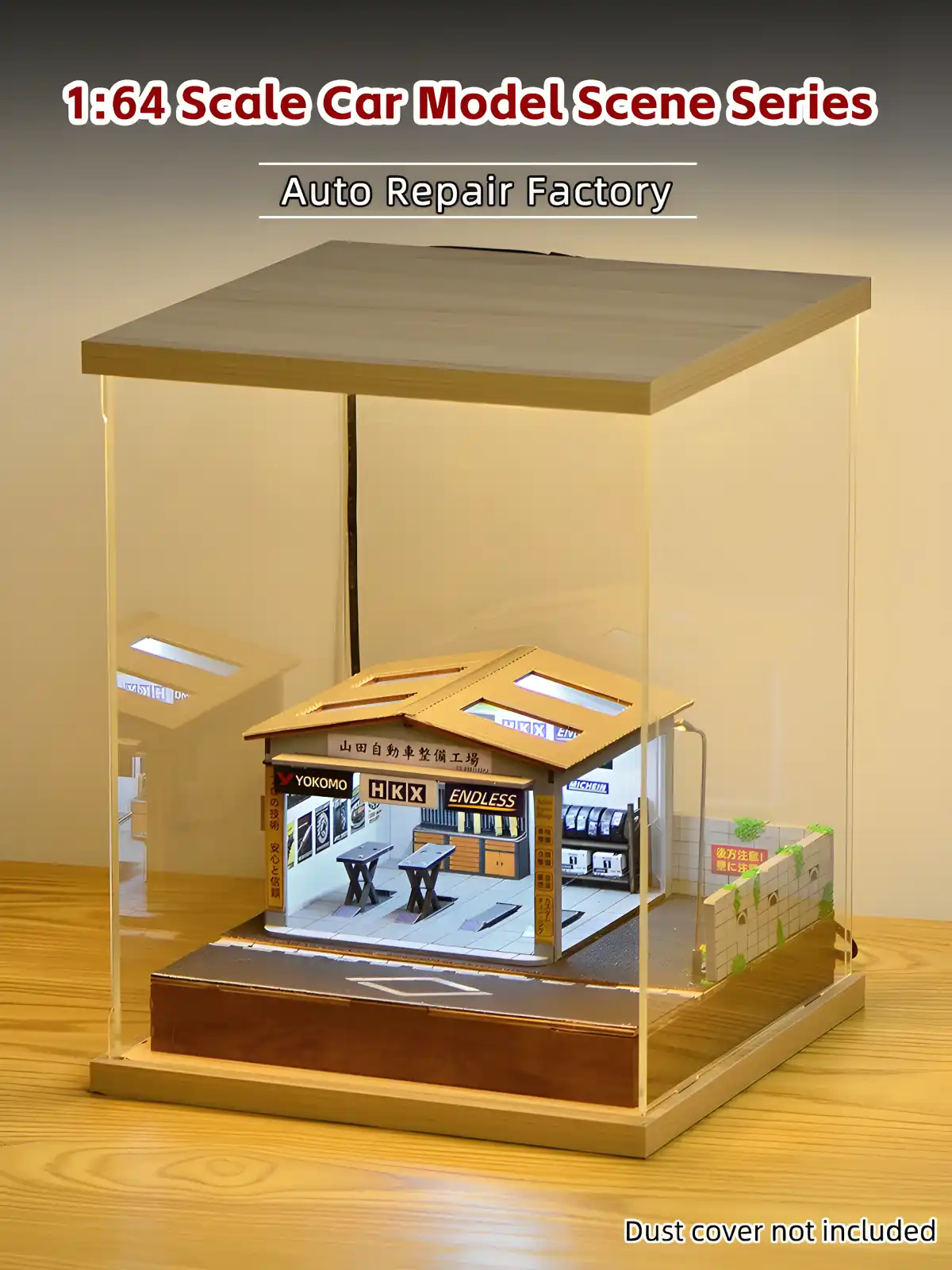 Illuminated Yamada Auto Repair Garage Miniature House display, 1:64 Scale Model scene.