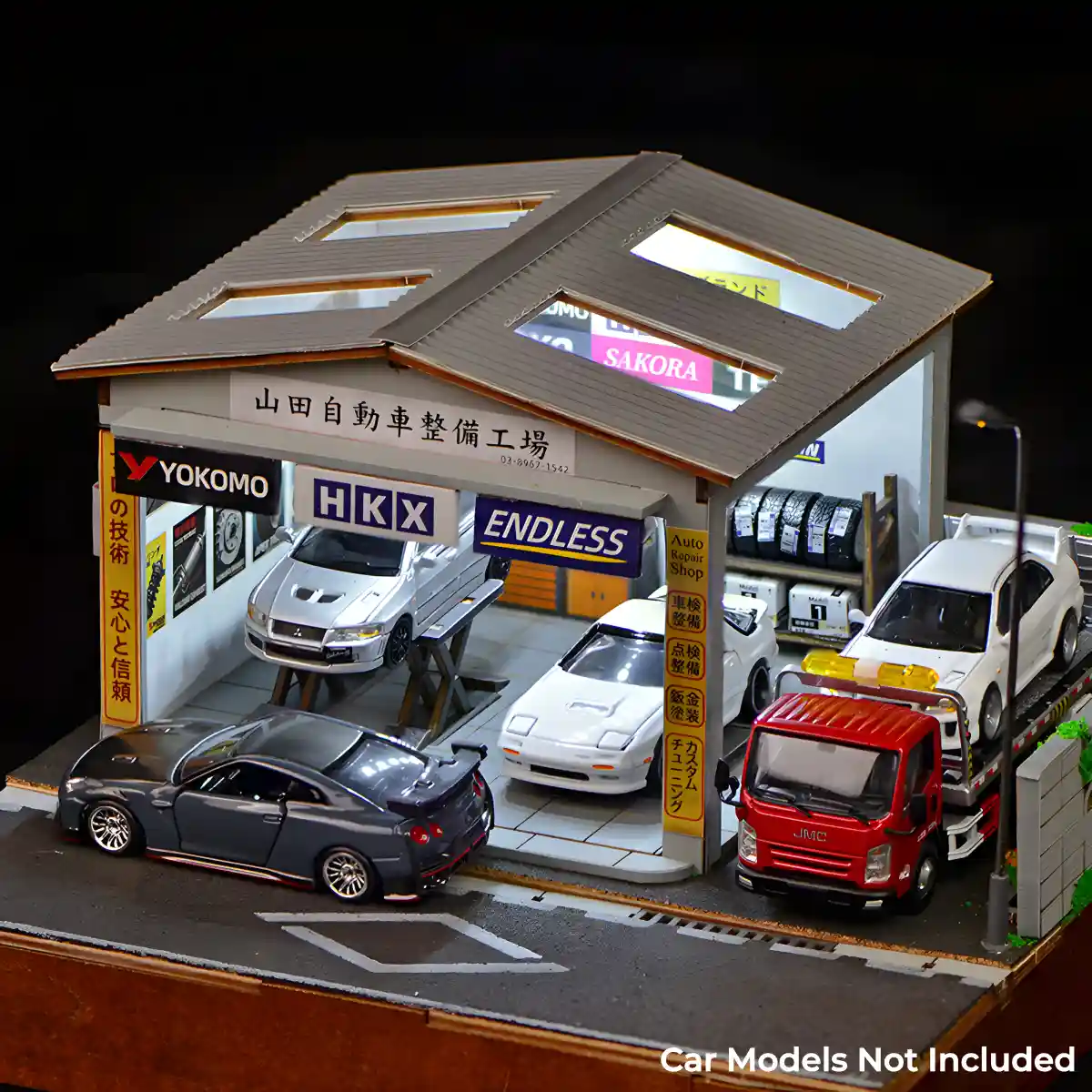 Active JDM Diorama scene with 1:64 Scale Model JDM cars at Yamada Auto Repair Shop.