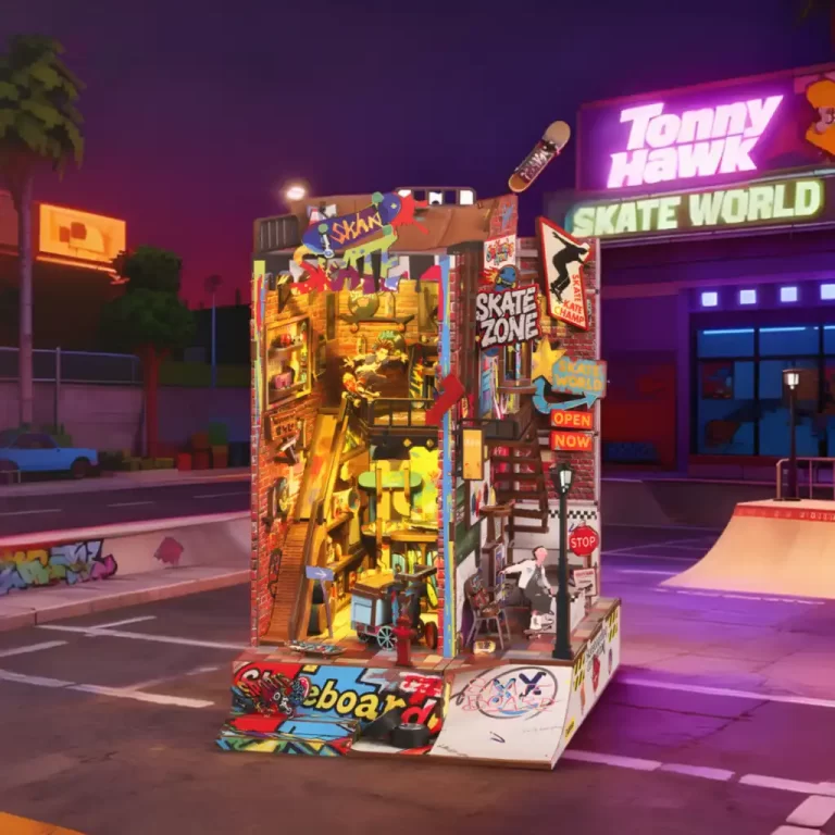 Detailed close-up of the Skate Competition DIY Book Nook Kit and mini skatepark interior.