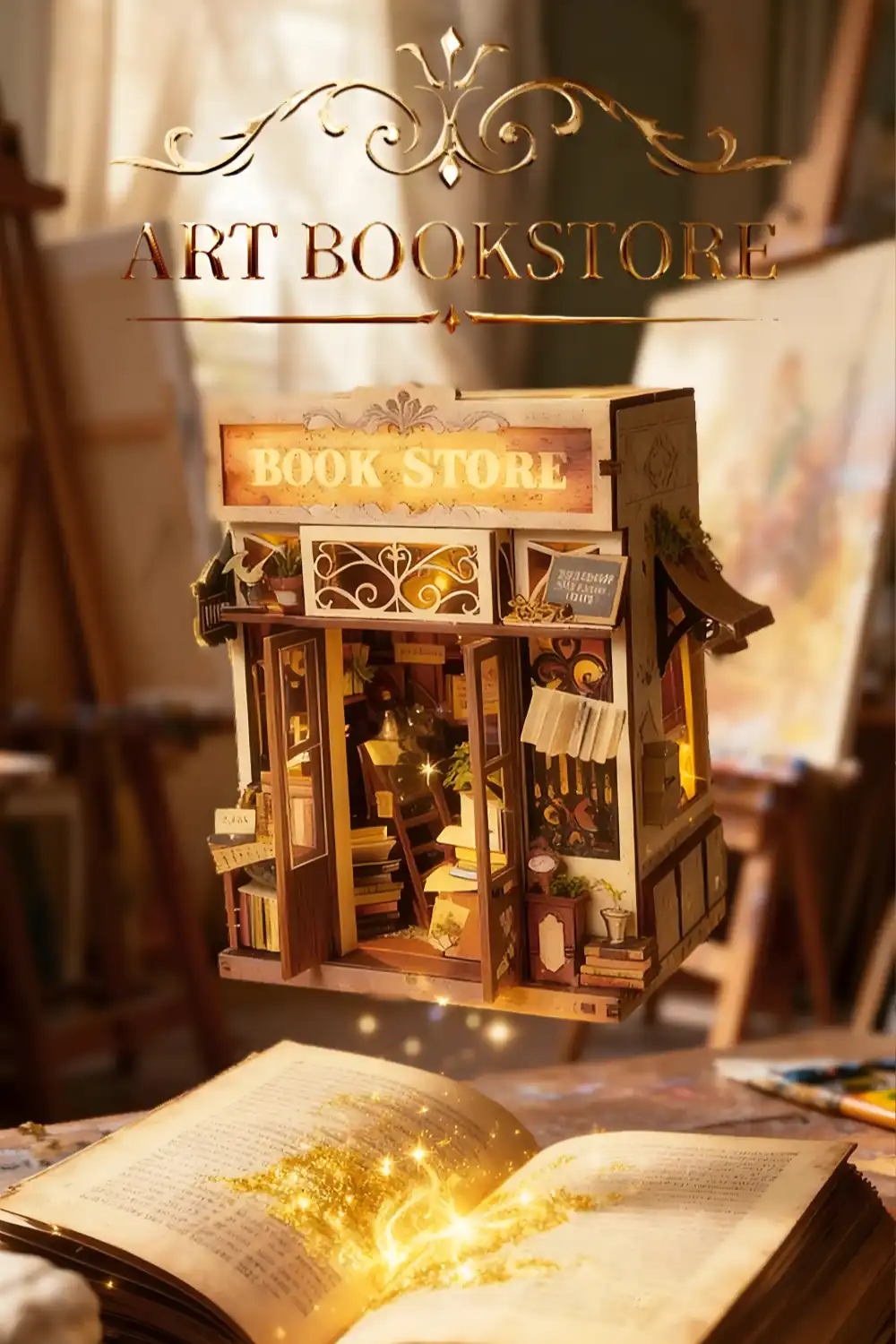 Enchanting display of the illuminated Art Bookstore book nook above a book, showcasing the atmosphere.