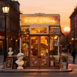 Vintage Bookstore Miniature at sunset on a street corner, showcasing the warm illumination.