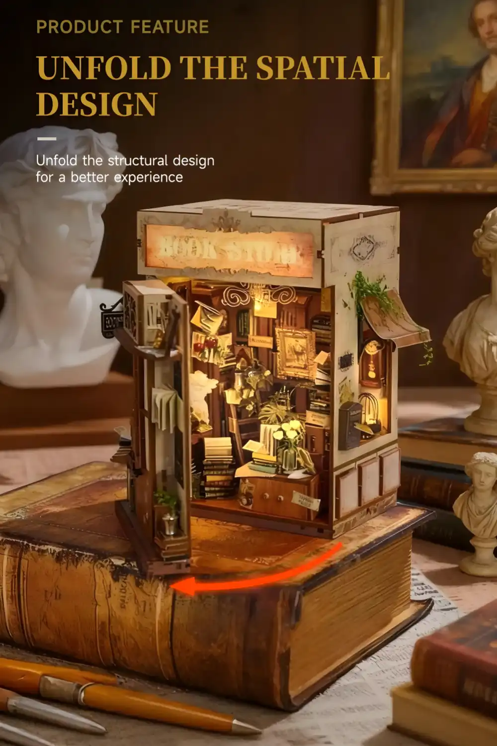 Rofuntime book nook with the spatial side panel unfolded, revealing the illuminated Bookstore Book Nook interior.