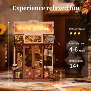 Dimensions and difficulty level for the Art Bookstore DIY Book Nook Kit, perfect for Book Nook Kit for Beginners.