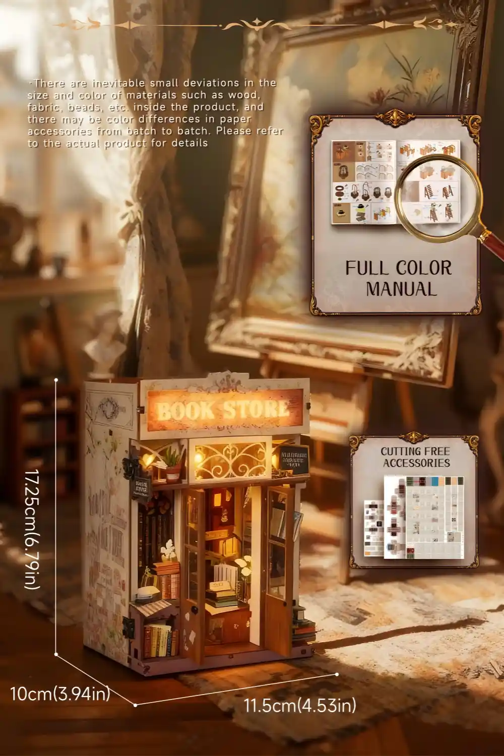 Dimensions and features like FULL COLOR MANUAL for the Art Bookstore DIY Book Nook Kit.