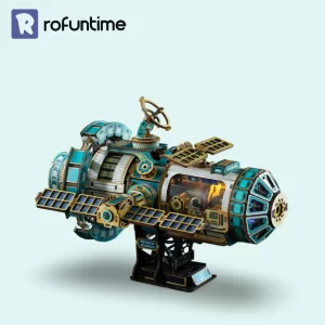 High-contrast shot of the complete Celestigon Station 3D Wooden Puzzle with open view.