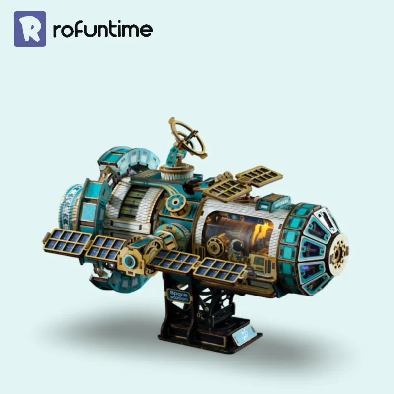 High-contrast shot of the complete Celestigon Station 3D Wooden Puzzle with open view.