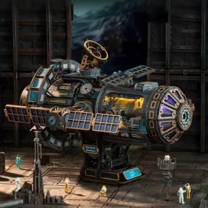 Assembled Celestigon Station 3D Wooden Puzzle Space Station displaying internal lights and detail.