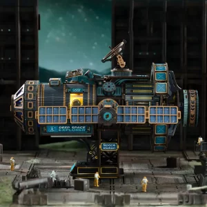 Horizontal view of the Celestigon Station with Deep Space Explorer label, lights on.