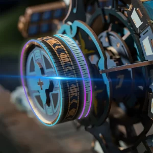 Close-up of the rear booster section of the Celestigon Station with colorful lights.