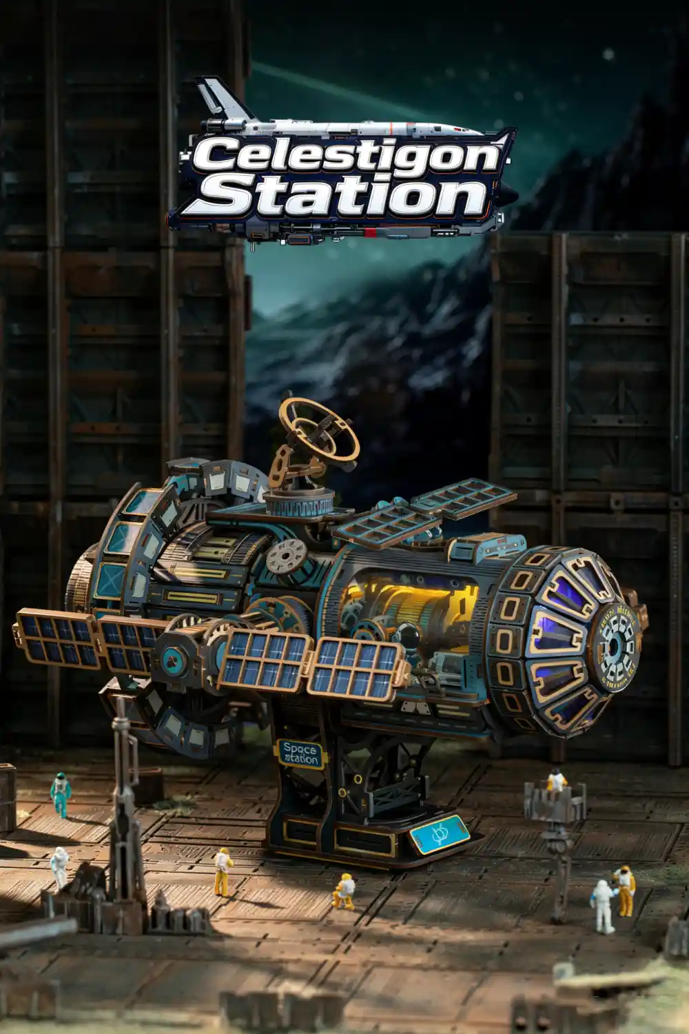 Celestigon Station 3D Wooden Puzzle title overlay on the complete, lit space station model.