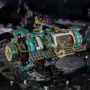 Celestigon Station Space Station Model Kit on a lunar surface, solar panels extended.