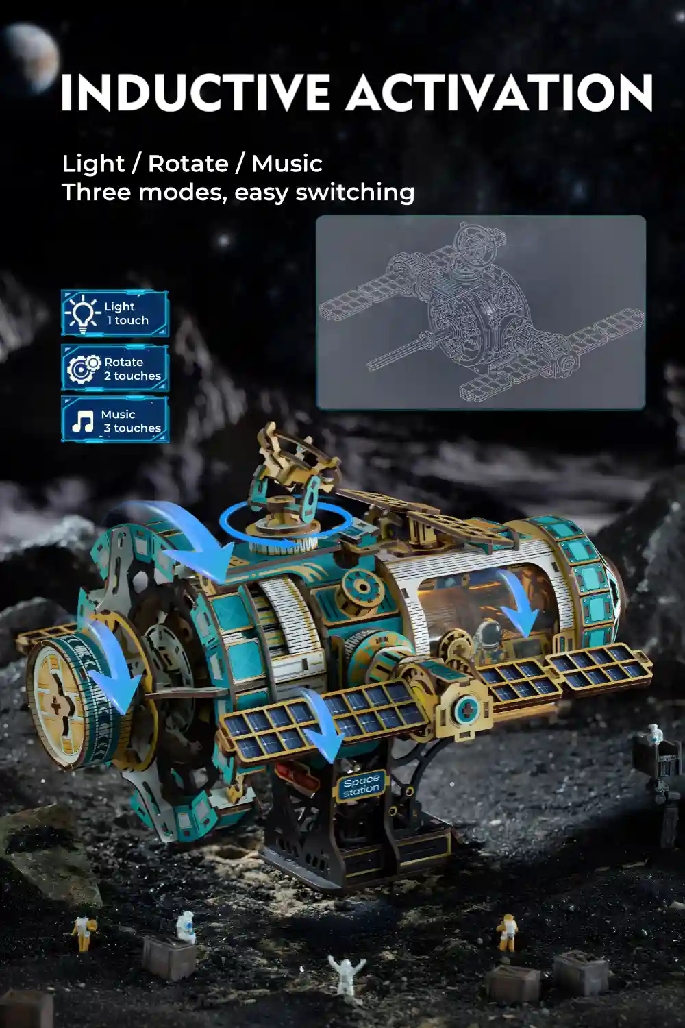 3D Wooden Puzzle Space Station with Lights and Music demonstrating inductive activation features.
