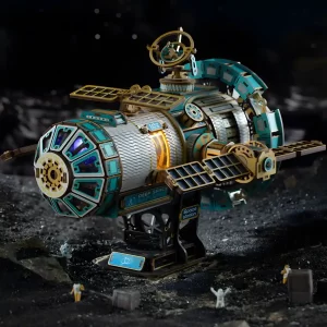 Illuminated Celestigon Station 3D Wooden Puzzle side profile in a dark, atmospheric setting.