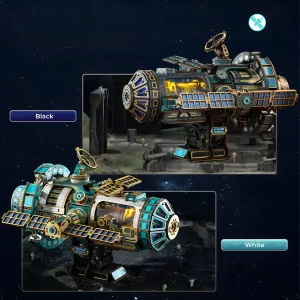 Celestigon Station 3D Wooden Puzzle comparison: Black and White versions, both illuminated.