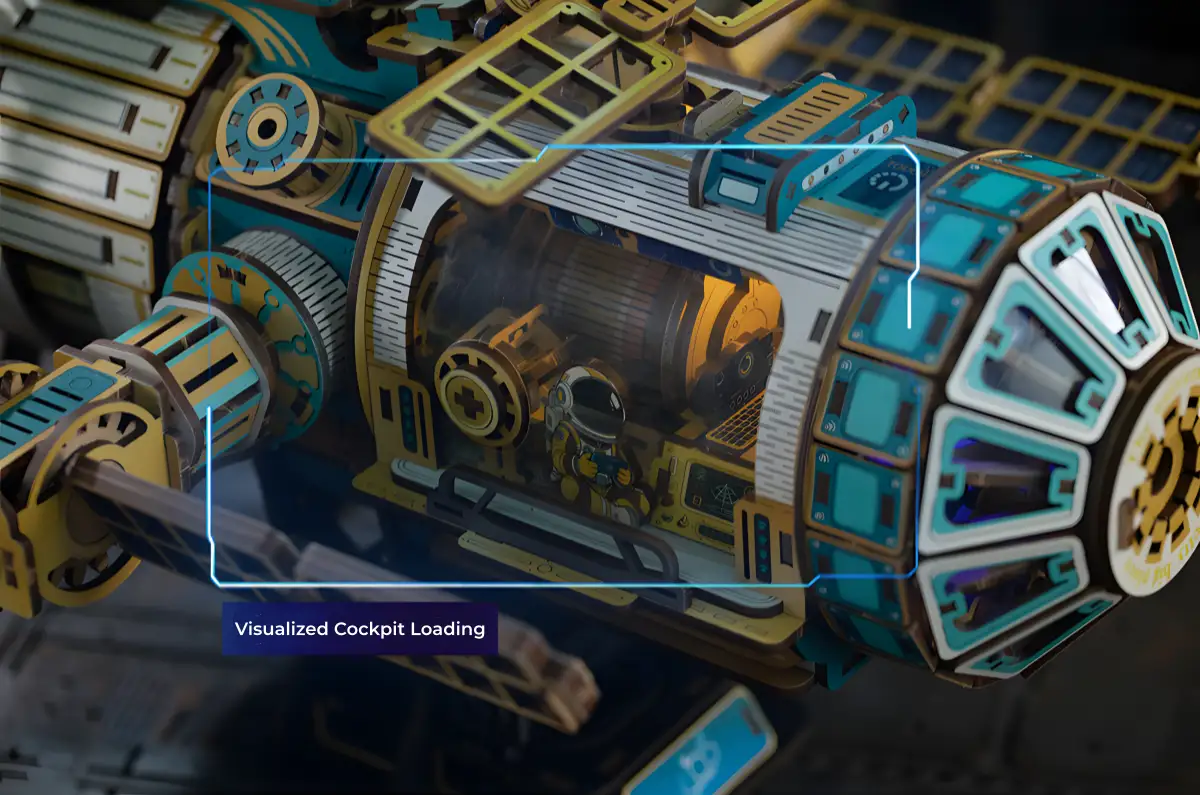 Interior of the Celestigon Station cockpit with astronaut figure and illuminated controls.