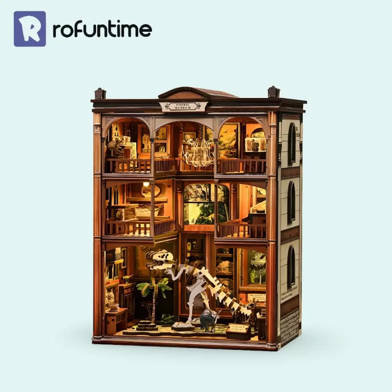Rofuntime Fossil Museum DIY Book Nook Kit with three floors of miniature dinosaur exhibits.