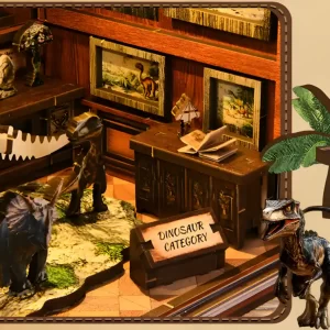 Miniature Dinosaur Display in Fossil Museum Book Nook with Triceratops and prehistoric artwork murals.