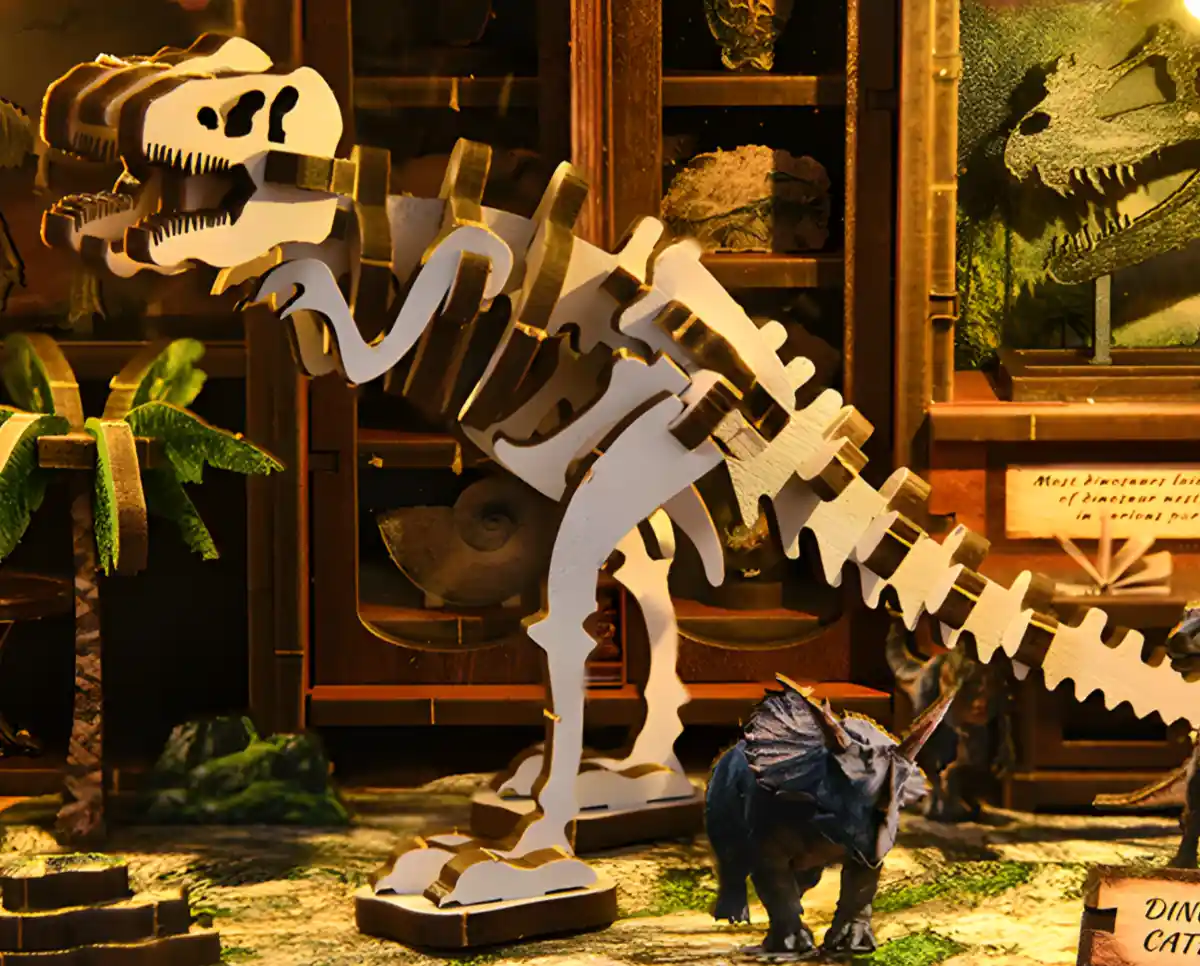 Large Dinosaur Skeleton Fossil in Miniature Museum setting from a DIY Book Nook Kit.