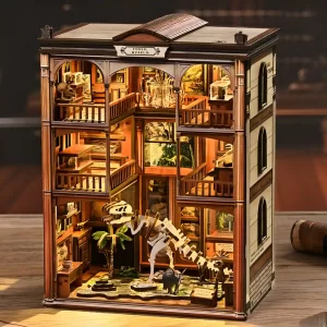 Complete Fossil Museum Book Nook with glowing LED lights and large Dinosaur Skeleton centerpiece.