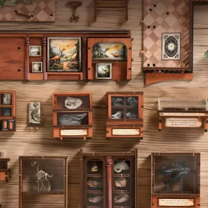 Collection of wooden semi-finished parts for the Fossil Museum Book Nook Ancient Life theme.