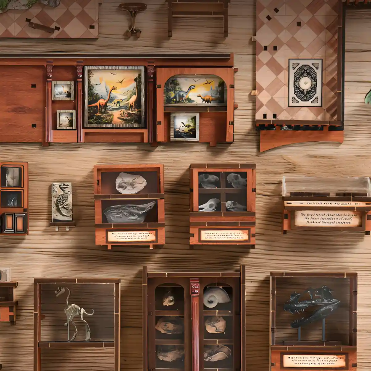 Collection of wooden semi-finished parts for the Fossil Museum Book Nook Ancient Life theme.