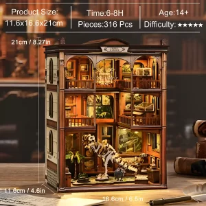 Dimensions and technical specifications of the Fossil Museum Book Nook Kit prehistoric display project.