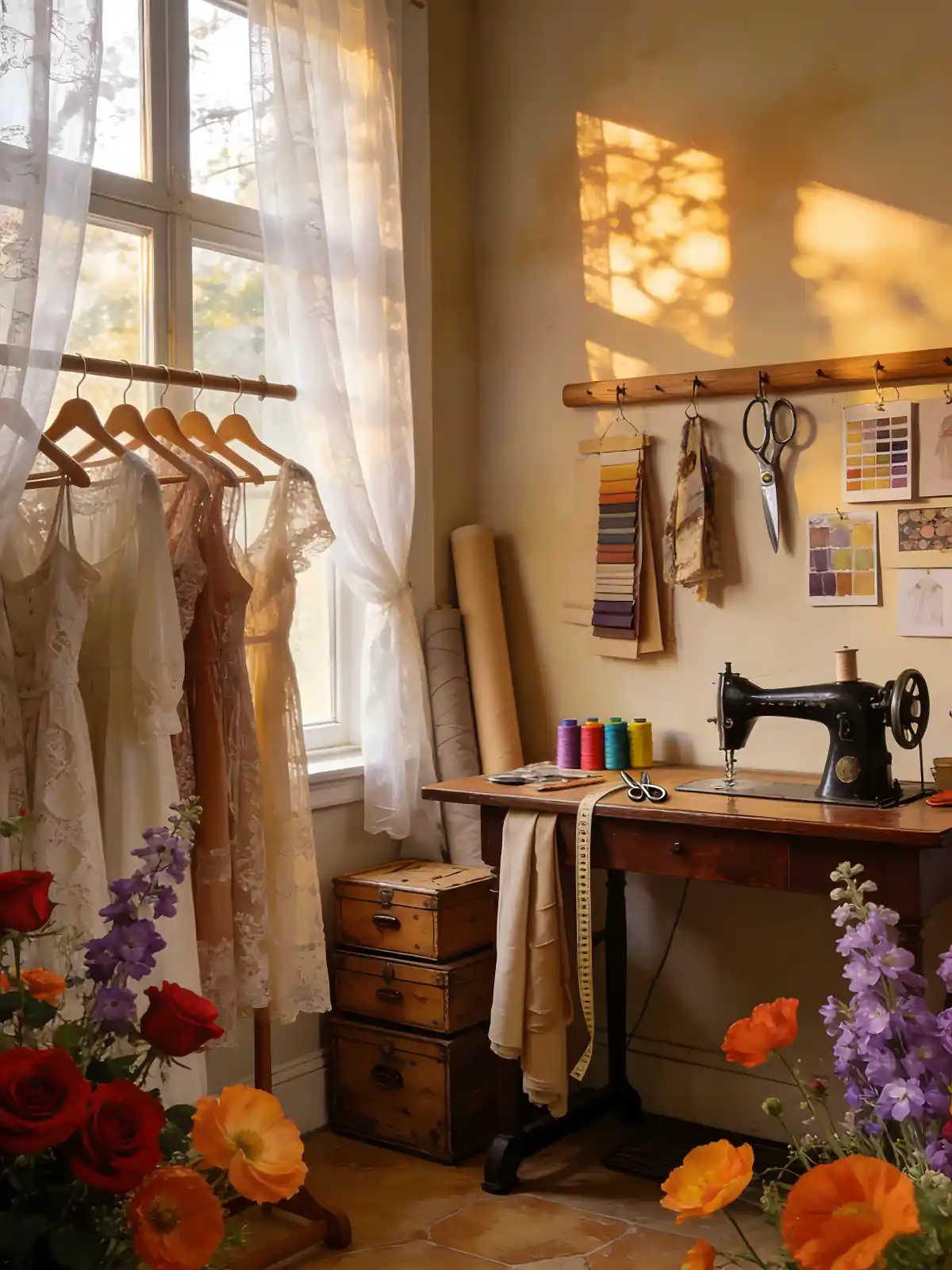 Vintage sewing room scene for Lily Sewing Shop DIY Book Nook Kit with sewing machine.