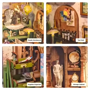 Monet's Impression book nook kit detail: Artist Workbench, Supplies Organizer, and Monet Studio cabinet.