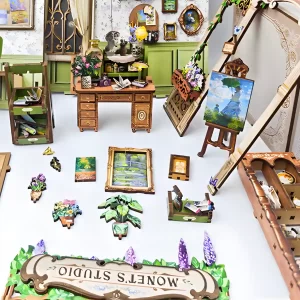 Book Nook Kit loose pieces, miniature paintings, Giverny Garden Theme accessories.